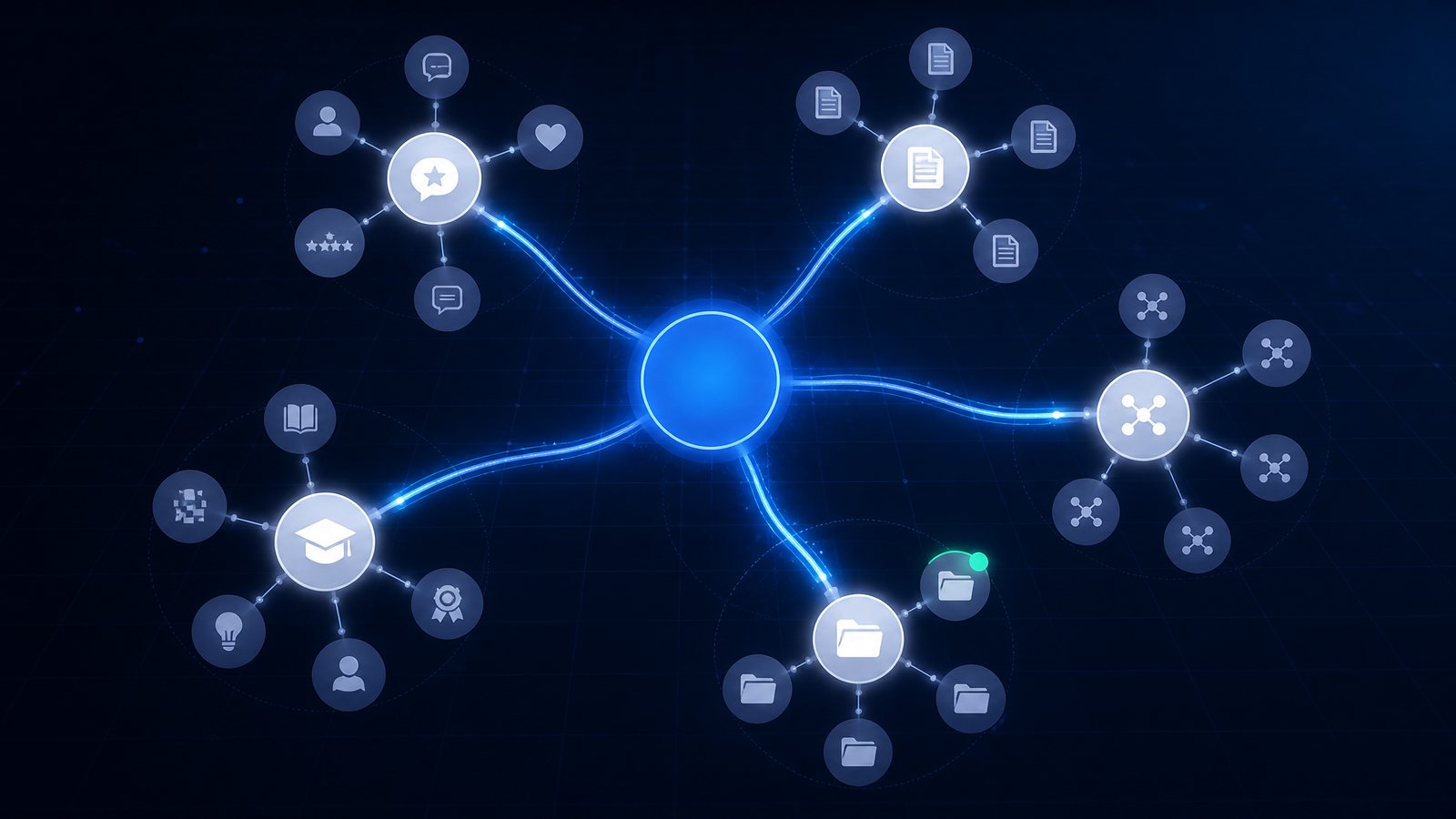 Illustration of an entity knowledge graph linking a business to its reviews, citations, schema markup and directory listings