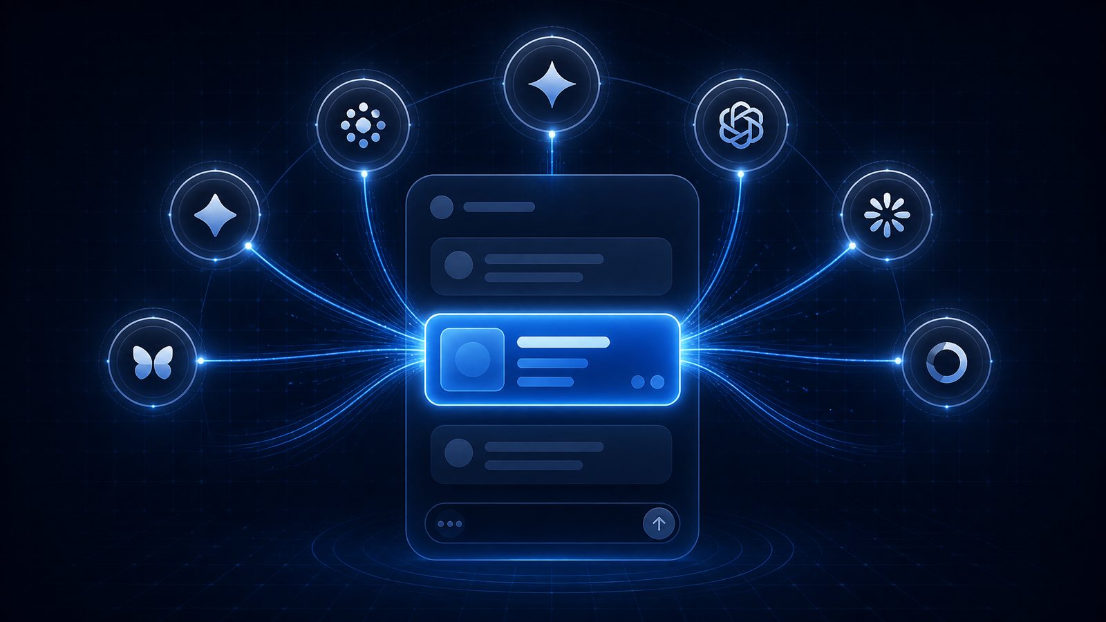 Illustration of a business listing being surfaced as the recommended answer inside an AI assistant, connected to seven AI engine nodes