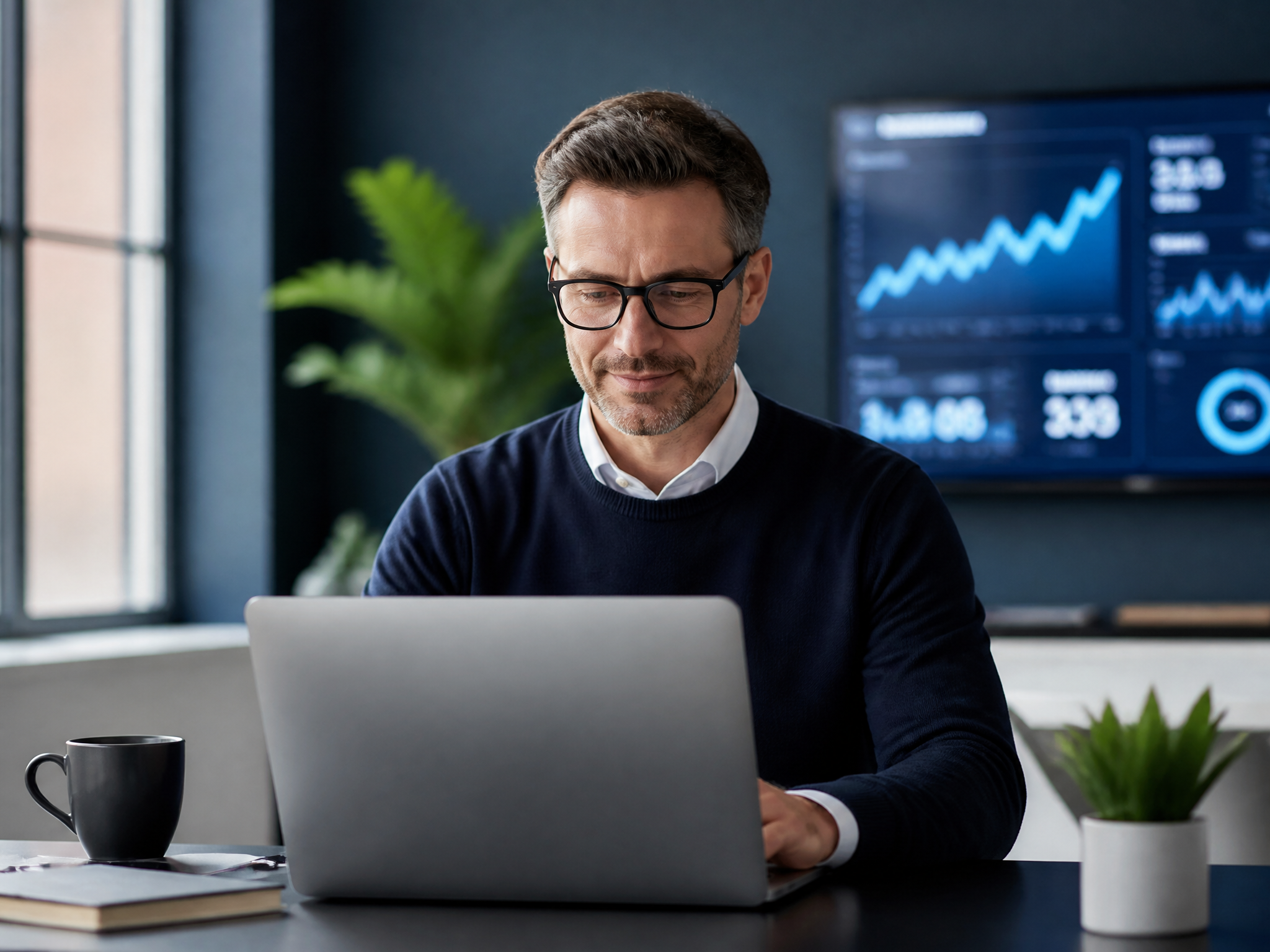 Small business owner reviewing results on a laptop